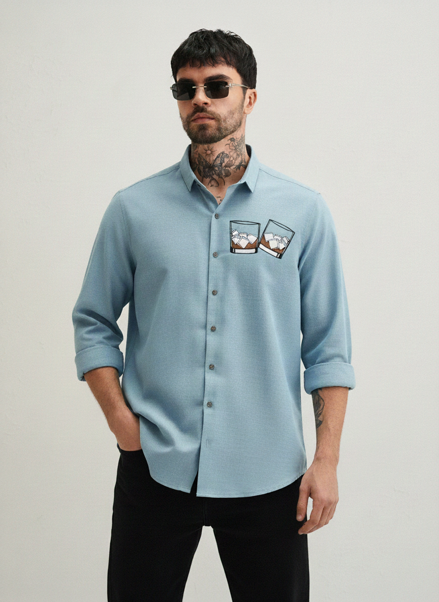 Men’s Light Blue “Whiskey Glass” Embroidered Casual Shirt
