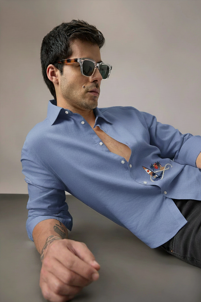 Men’s Sky Blue Casual Shirt with Tropical Embroidery Detailing